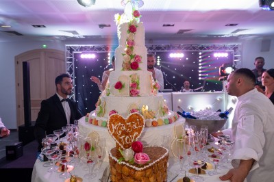 Un couple en tenue de mariage s'enlace dans un champ entouré d'oliviers sous une lumière douce.