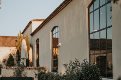 Un couple en tenue de mariage s'enlace dans un champ entouré d'oliviers sous une lumière douce.