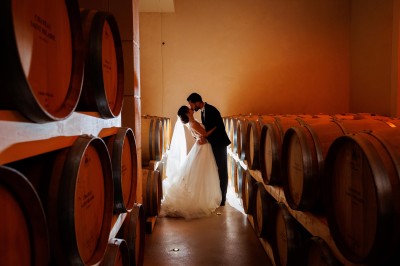 Un couple en tenue de mariage s'enlace dans un champ entouré d'oliviers sous une lumière douce.