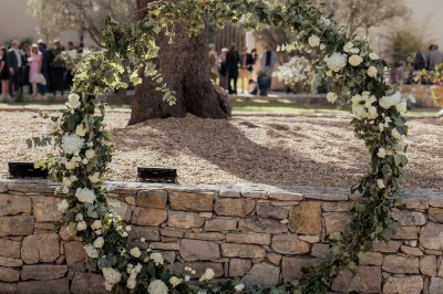 Un couple en tenue de mariage s'enlace dans un champ entouré d'oliviers sous une lumière douce.