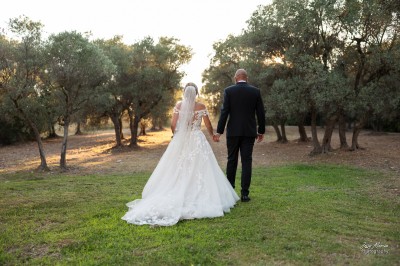 Un couple en tenue de mariage s'enlace dans un champ entouré d'oliviers sous une lumière douce.