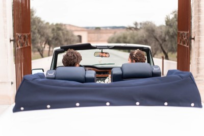 Un couple en tenue de mariage s'enlace dans un champ entouré d'oliviers sous une lumière douce.