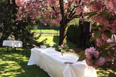 Table élégamment dressée avec vaisselle blanche et décorations florales, donnant sur une piste équestre en arrière-plan.