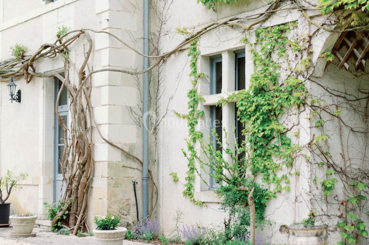 Façade d'une maison en pierre avec des fenêtres, des plantes grimpantes et des pots de fleurs sur une allée pavée.