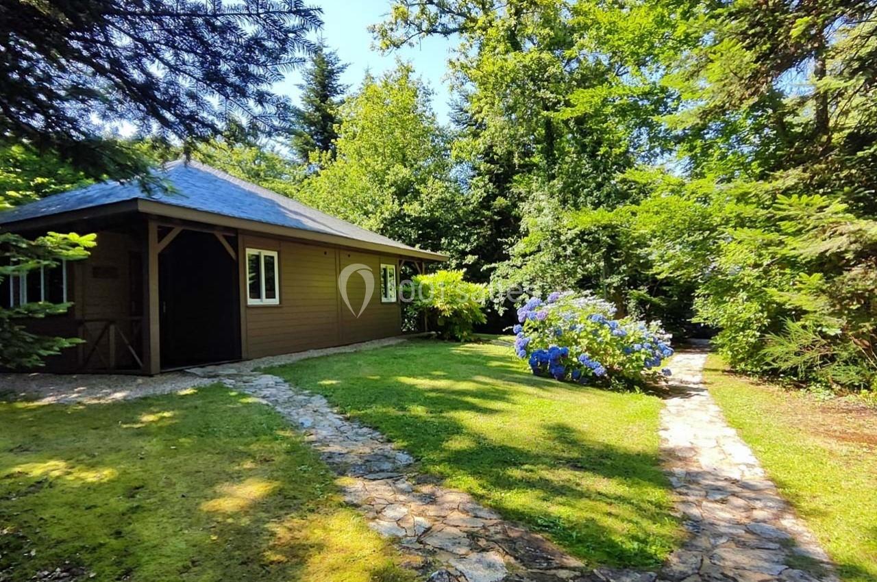 Cabane en bois entourée de verdure avec un chemin en pierre et des hortensias bleus dans un jardin ensoleillé.