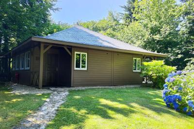 Chemin en pierre menant à une petite maison en bois entourée de végétation dense et ombragée.