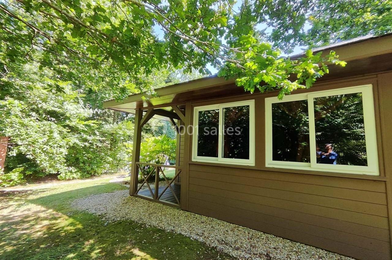Maison en bois avec terrasse couverte, entourée de verdure et éclairée par la lumière naturelle.