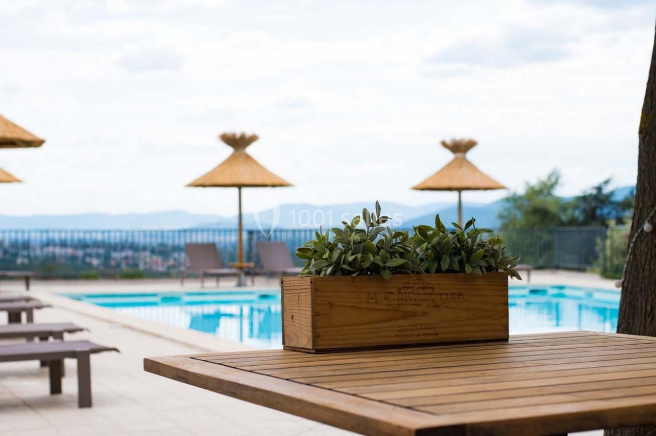 Plante en pot sur une table en bois avec vue sur une piscine, des transats et des parasols en arrière-plan.
