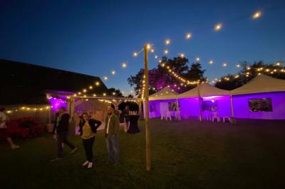 Salle de bain avec lavabo, miroir, toilettes et porte-serviettes, carrelage sombre au sol et murs clairs.
