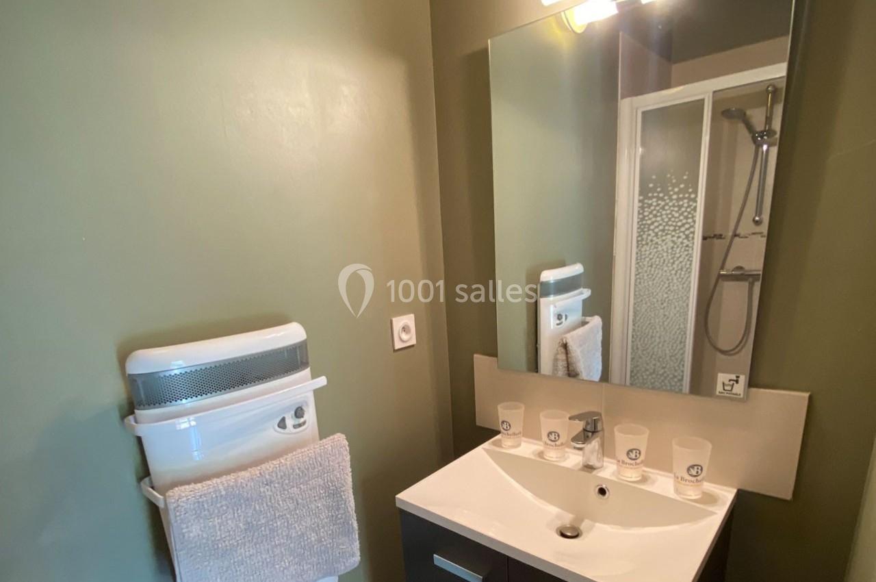 Salle de bain avec lavabo, miroir, radiateur mural avec serviette, et cabine de douche vitrée en arrière-plan.