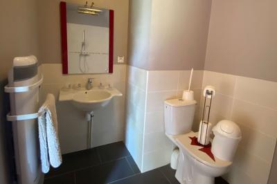 Salle de bain avec lavabo, miroir, toilettes et porte-serviettes, carrelage sombre au sol et murs clairs.