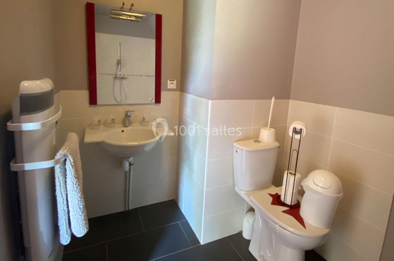 Salle de bain avec lavabo, miroir, toilettes et porte-serviettes, carrelage sombre au sol et murs clairs.