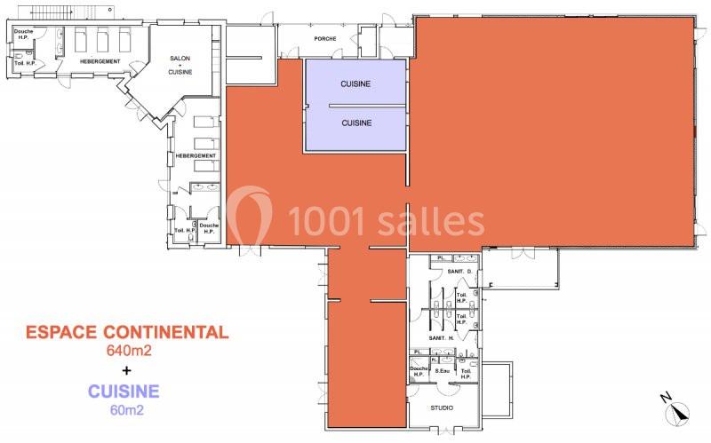 Plan architectural d'un espace intérieur avec zones colorées indiquant un espace principal et deux cuisines distinctes.