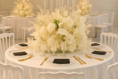 Assiette avec un jarret d'agneau en sauce et un millefeuille de légumes, servie sur une table dressée.