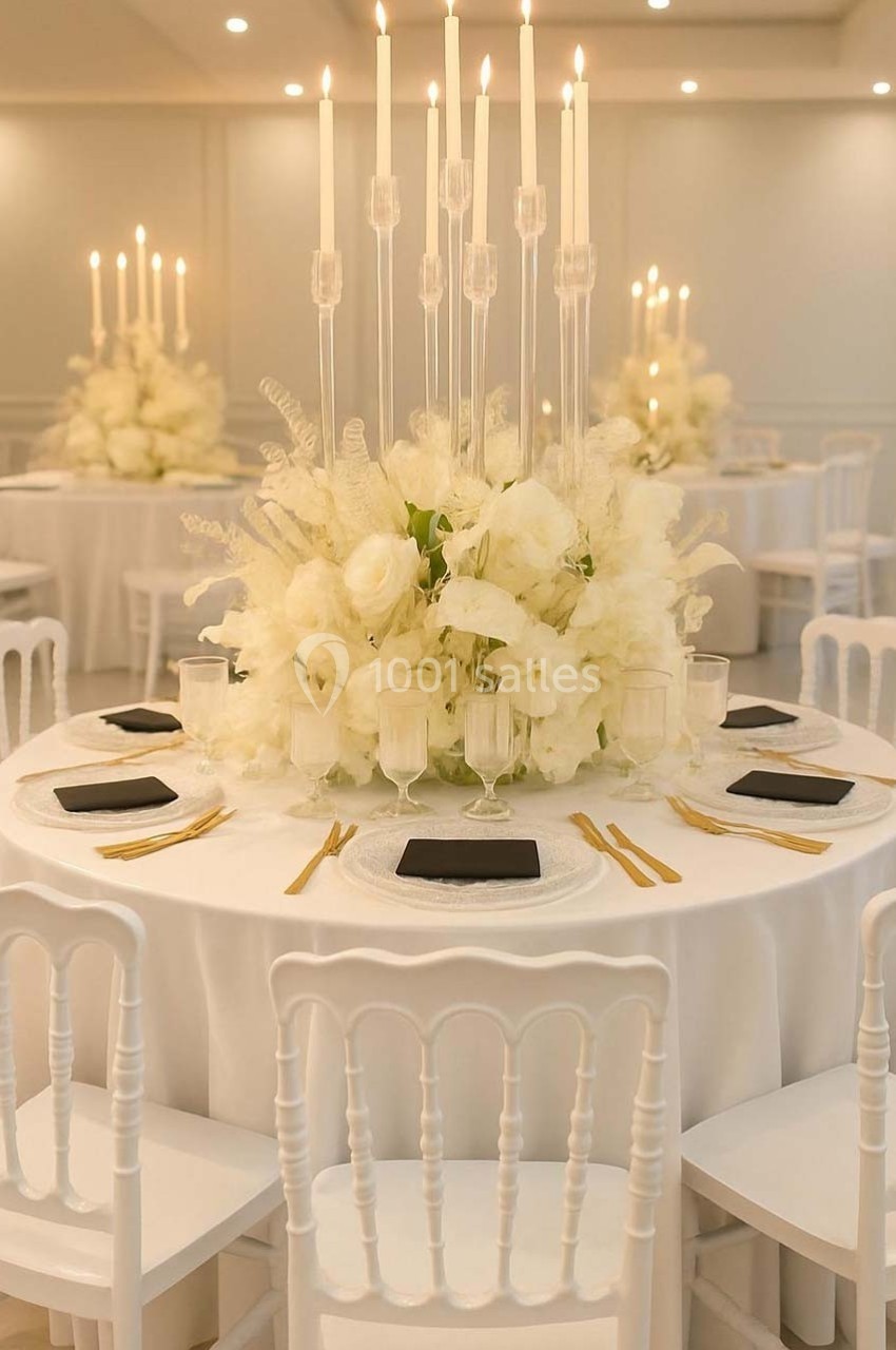 Table décorée avec des fleurs blanches, chandeliers hauts et couverts dorés dans une salle élégante et lumineuse.
