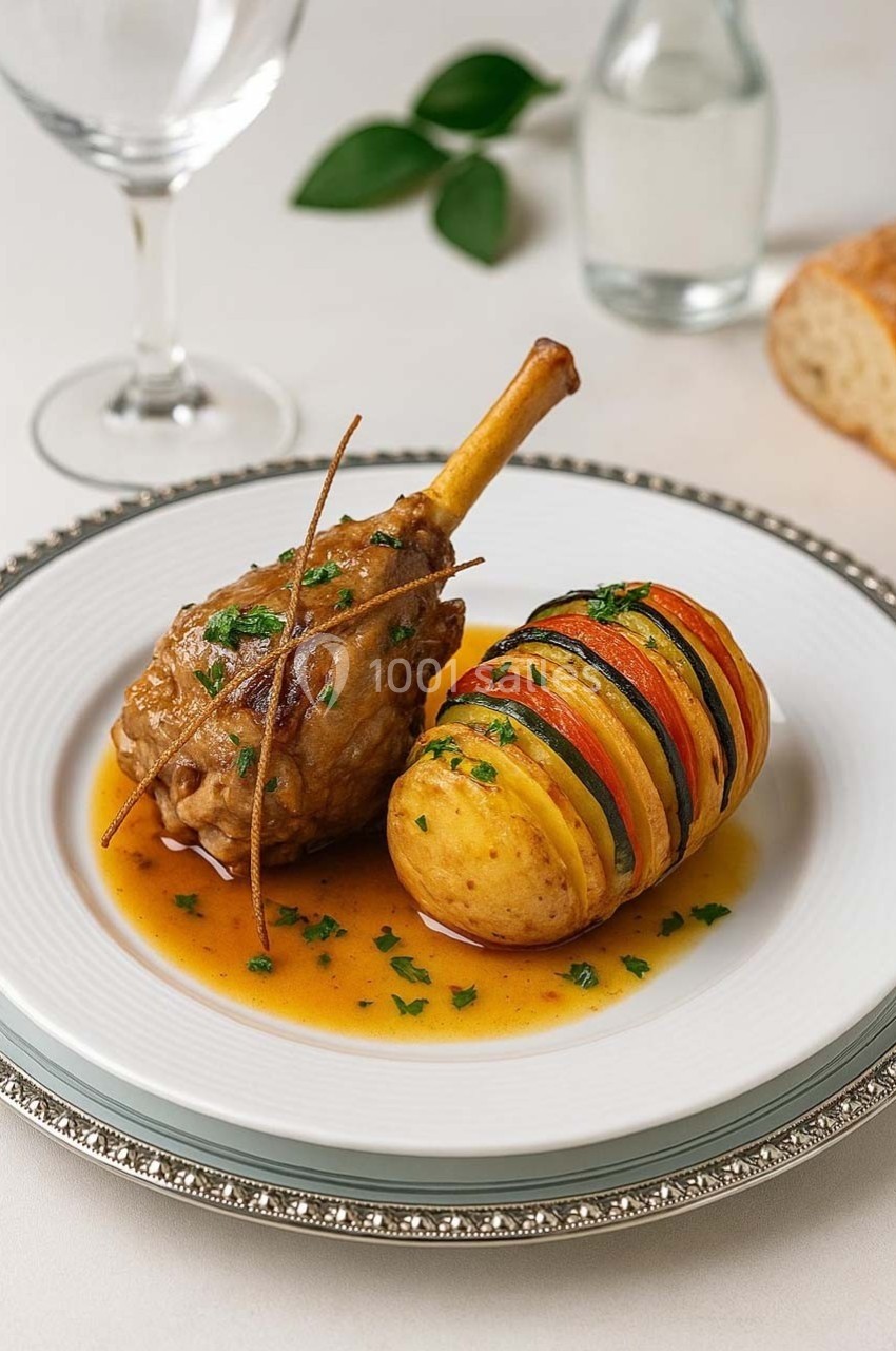 Assiette avec un jarret d'agneau en sauce et un millefeuille de légumes, servie sur une table dressée.
