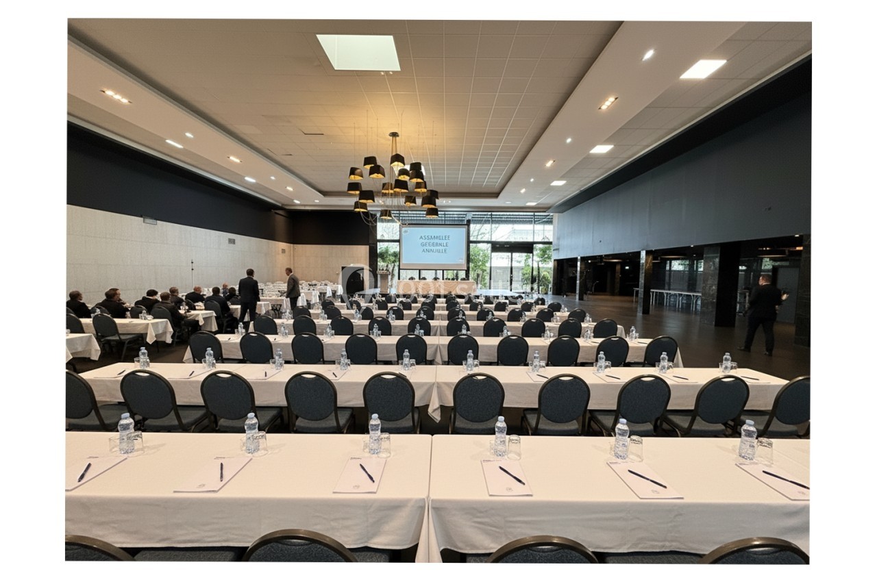 vote assemblée générale Salle de conférence avec des rangées de tables et chaises alignées, préparées pour une assemblée générale.