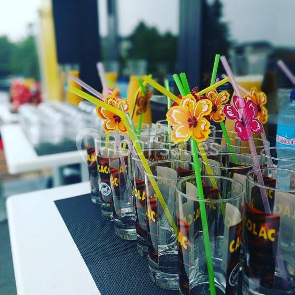 Verres de soda avec pailles colorées et décorations florales alignés sur une table en extérieur.