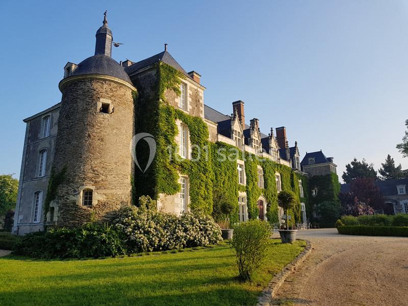Façade d'un château en pierre recouvert de lierre, entouré de verdure et baigné par une lumière douce.