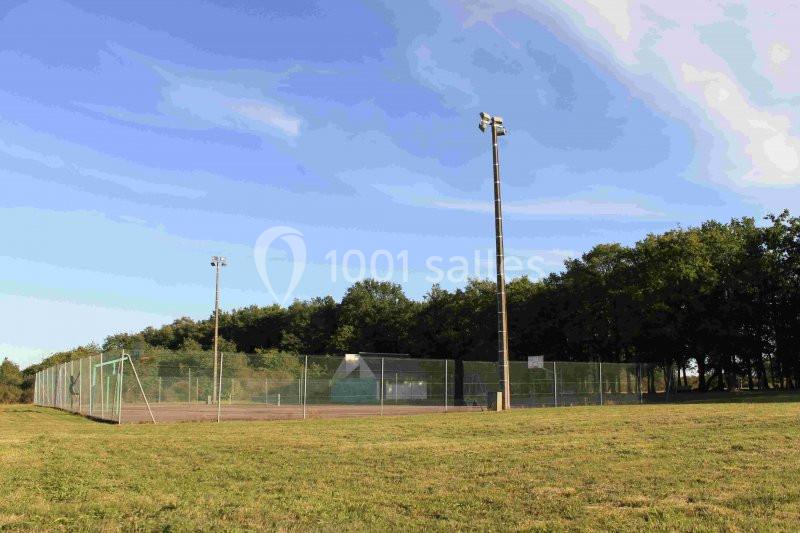 Terrain de sport extérieur clôturé avec des poteaux d'éclairage, entouré d'herbe et d'arbres sous un ciel dégagé.