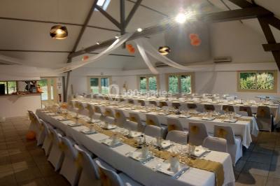 Maisons en rangée avec façades en bois, entourées d'arbres et d'espaces verts, sous un ciel dégagé.
