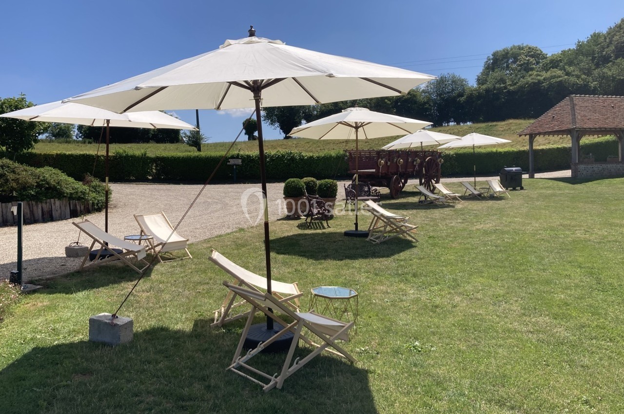 Chaises longues et parasols installés sur une pelouse ensoleillée, avec un chemin gravillonné et des arbres en arrière-plan.