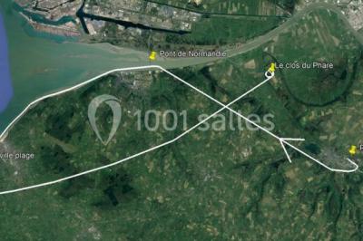 Miniature Domaine proche Honfleur Carte satellite montrant le pont de Normandie, Pont-Audemer, Deauville plage et Le Clos du Phare avec des repères.