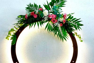 Miniature Location salle Champdieu (Loire) - Domaine de Villeroy #17 Escalier extérieur en pierre éclairé par des lumières LED, devant une maison au crépuscule avec des arbres environnants.