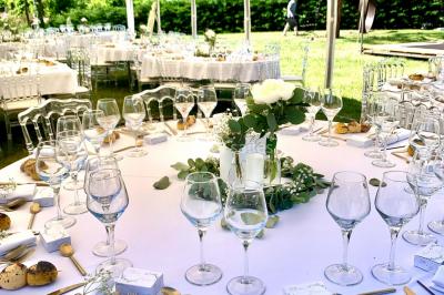 Miniature Location salle Champdieu (Loire) - Domaine de Villeroy #22 Escalier extérieur en pierre éclairé par des lumières LED, devant une maison au crépuscule avec des arbres environnants.