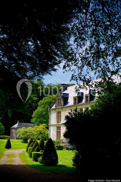 Manoir entouré de jardins verdoyants avec allée bordée de buissons taillés, sous un ciel partiellement dégagé.