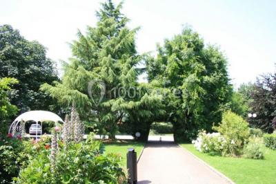 Plusieurs motos stationnées dans un parking entouré d'arbres, avec un véhicule utilitaire en arrière-plan.