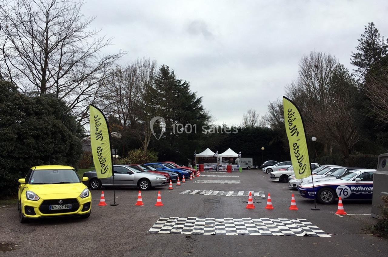 Rassemblement de voitures sportives alignées sur un parking, avec des drapeaux et des stands en arrière-plan.