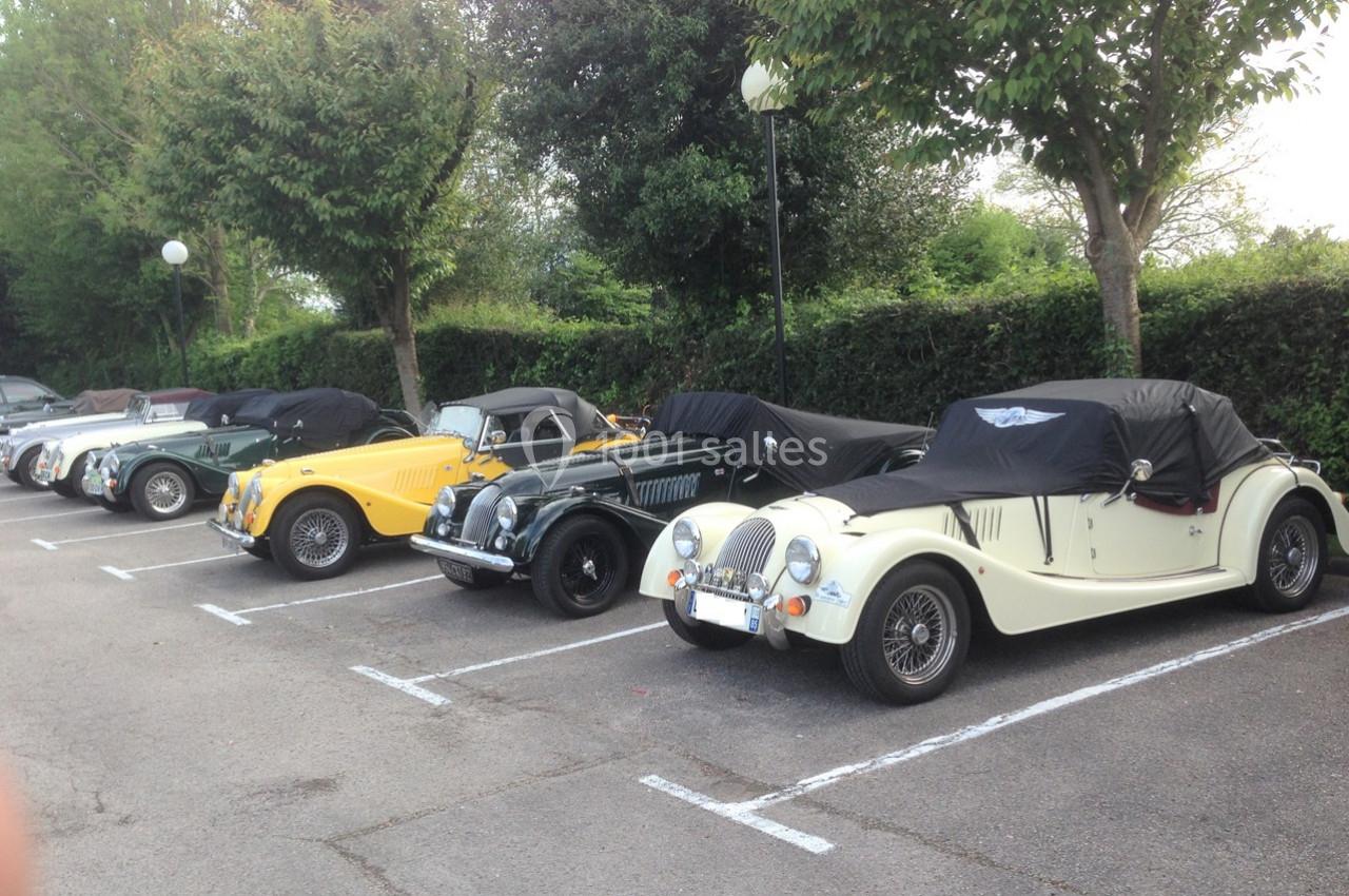 Voitures anciennes alignées sur un parking, certaines couvertes, entourées d'arbres et de végétation.