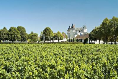 Chambre avec lit double, canapé, table basse et poutres apparentes, décorée de papier peint à motifs.