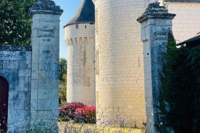 Chambre avec lit double, canapé, table basse et poutres apparentes, décorée de papier peint à motifs.