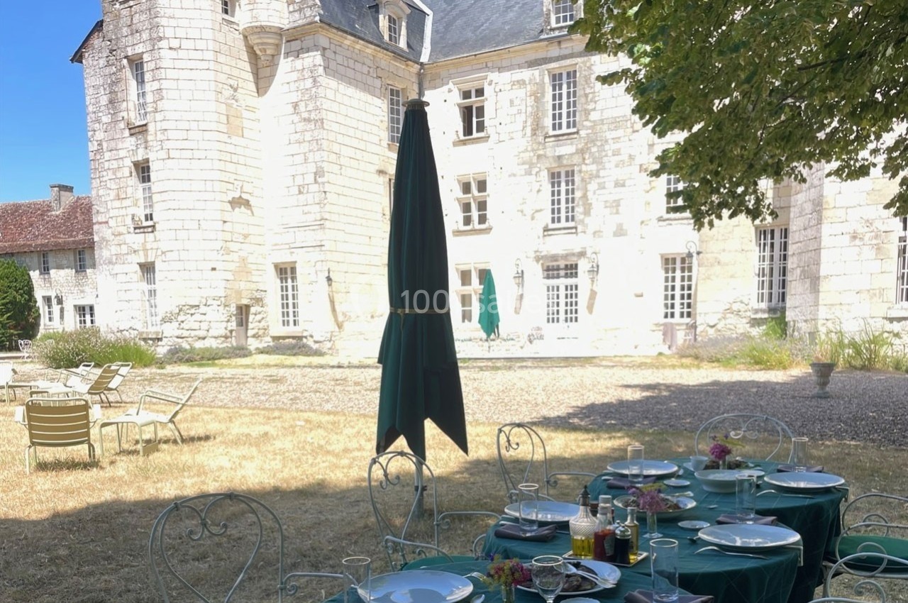 Table dressée avec vaisselle et fleurs sous un arbre, devant un château en pierre blanche par une journée ensoleillée.