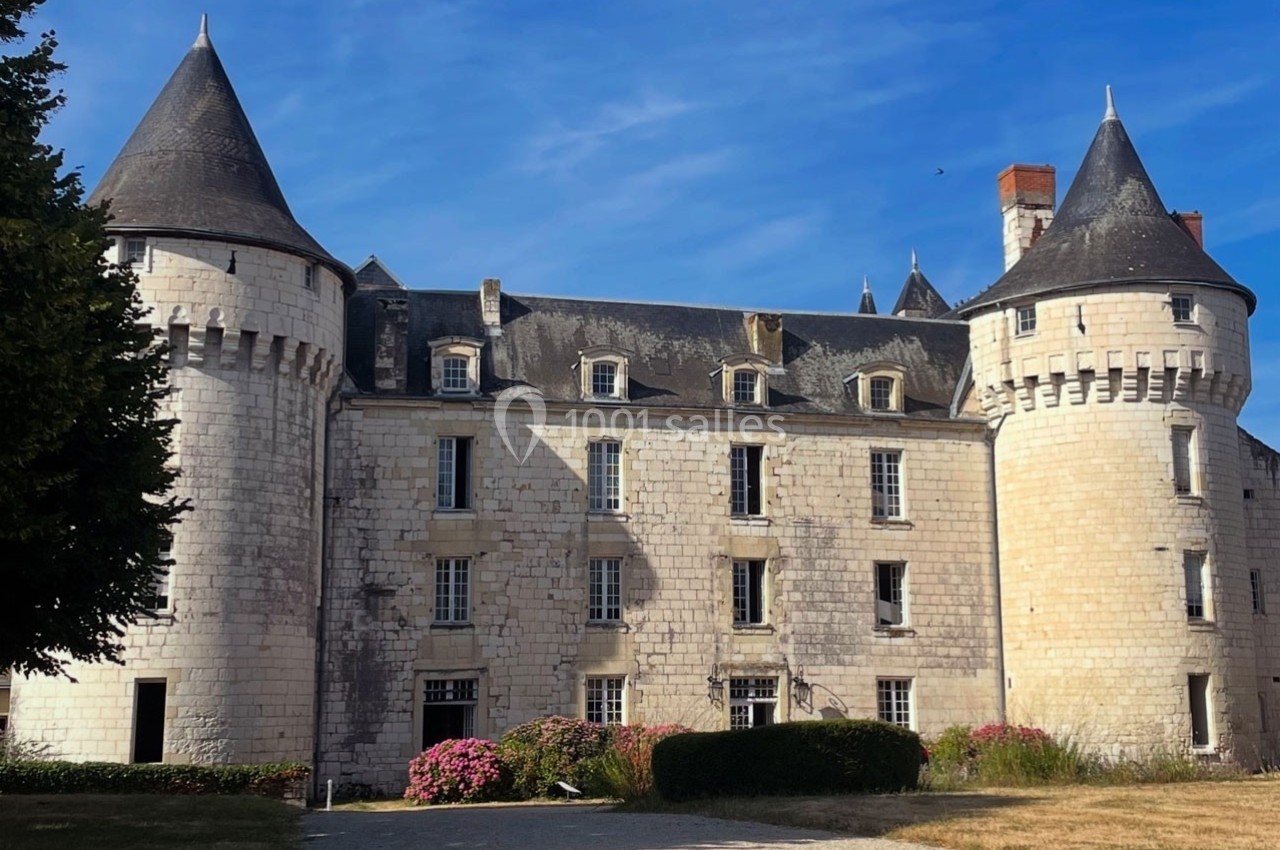 Façade d'un château en pierre blanche avec tours rondes et toit en ardoise, entouré de végétation.