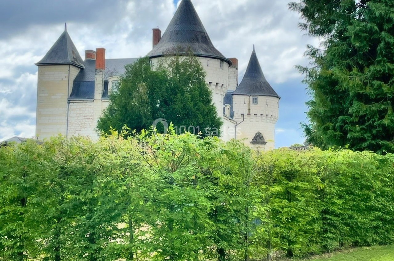 Château en pierre avec tours et toits coniques, partiellement caché par une haie et des arbres sous un ciel nuageux.