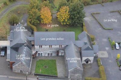 Vue aérienne d'un complexe avec plusieurs bâtiments, un jardin central, un parking et des zones identifiées par des noms.