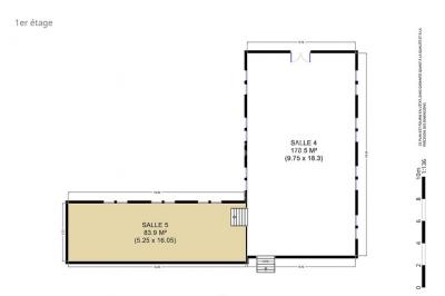 Plan du rez-de-chaussée avec trois salles numérotées et leurs dimensions indiquées en mètres carrés.