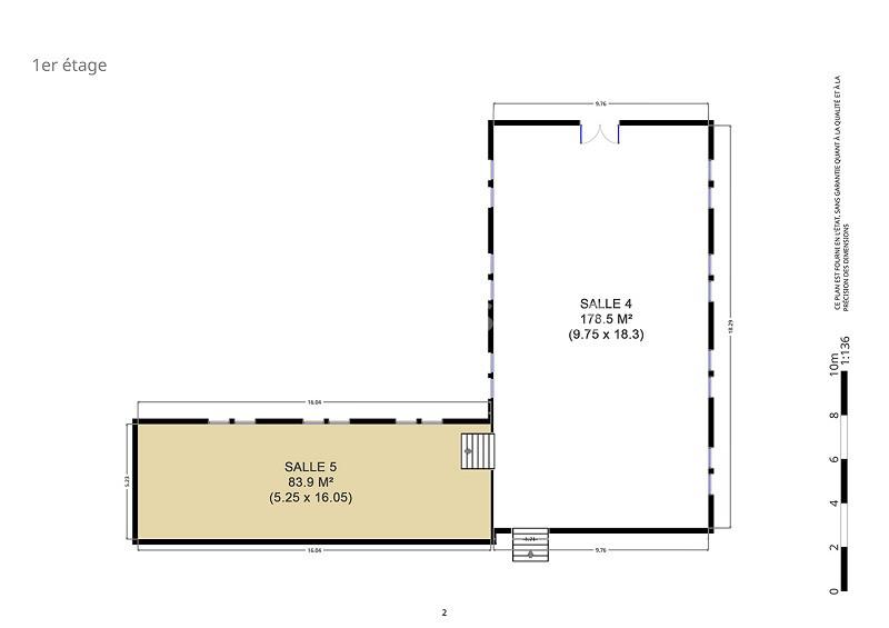 Plan du premier étage montrant deux salles, l'une de 83,9 m² et l'autre de 178,5 m², avec leurs dimensions indiquées.