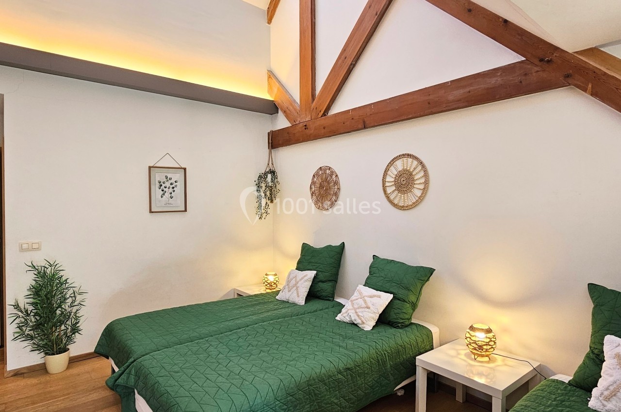 Chambre lumineuse avec deux lits simples, murs blancs, poutres apparentes et décoration végétale et murale.