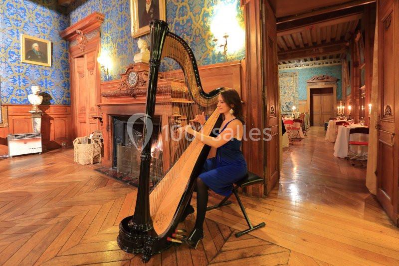 Une femme joue de la harpe dans une pièce élégante avec parquet, cheminée et murs ornés de motifs bleus.