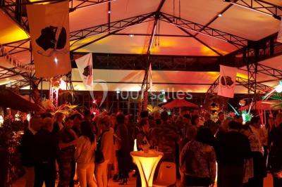 Peinture de mains et flèche blanche sur un tronc d'arbre dans un parc enneigé, avec des arbres en arrière-plan.