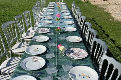 Quatre femmes pratiquant le yoga en posture de l'arbre sur des tapis colorés dans un espace extérieur herbeux.