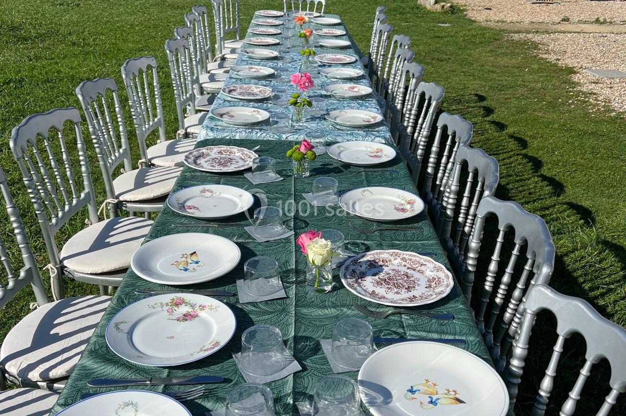 Grande table extérieure dressée avec nappes vertes, vaisselle vintage et fleurs, dans un jardin ensoleillé.