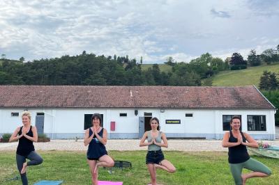 Quatre femmes pratiquant le yoga en posture de l'arbre sur des tapis colorés dans un espace extérieur herbeux.