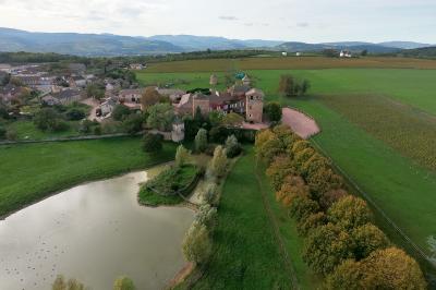 Vue aérienne d'un village avec un étang, des champs, des arbres et des collines à l'horizon.