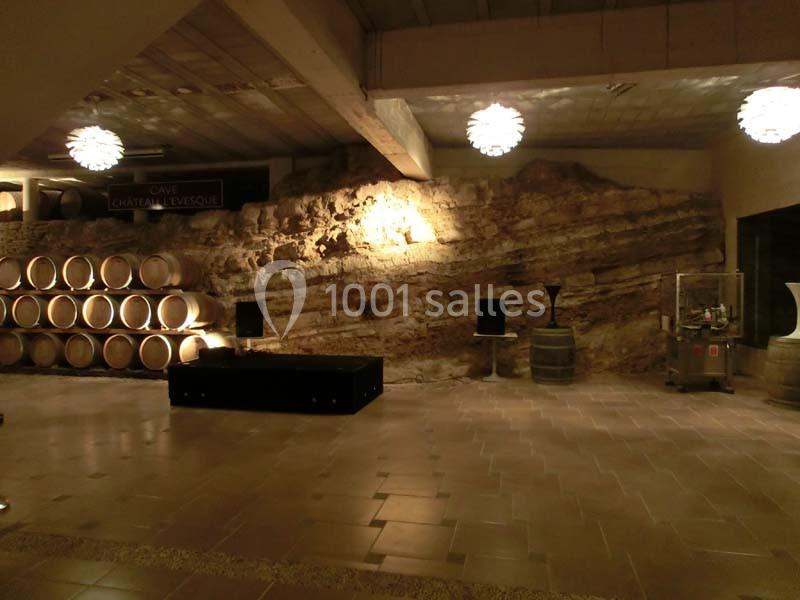 Salle de cave avec des tonneaux en bois alignés, un mur en pierre naturelle et un éclairage tamisé.