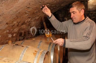 Bouteilles de vin blanc ’Hauts de L'Évêque 2018’ exposées sur un présentoir en bois dans une cave à vin.